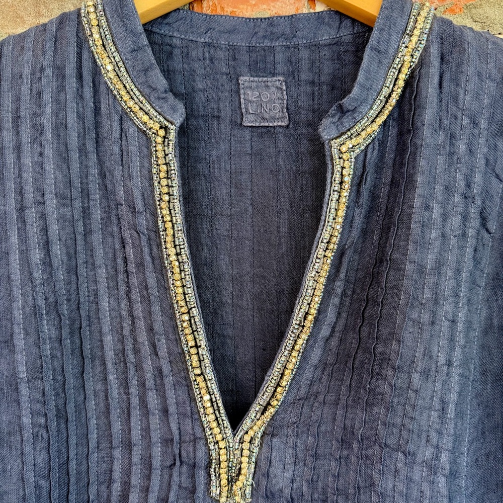 120%‎ Lino Navy Beaded Linen Blouse Split Neck US 8 - Picture 3 of 14